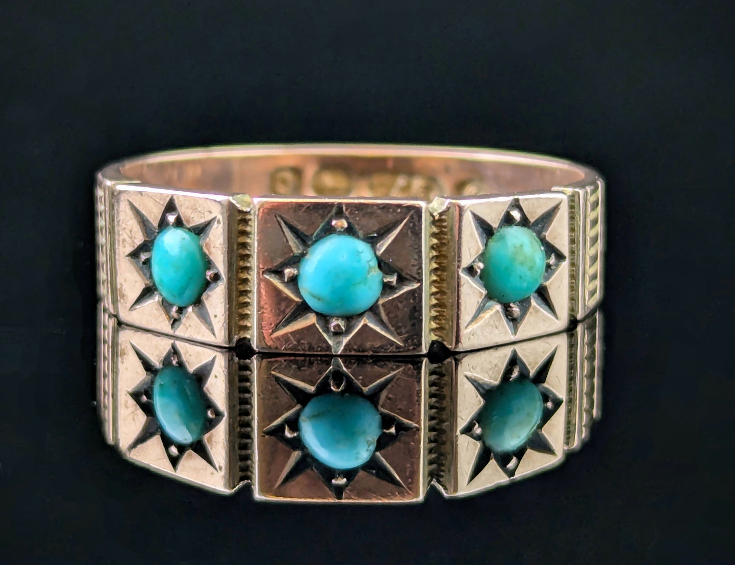 Antique 9ct Rose gold Turquoise gypsy set ring, Victorian