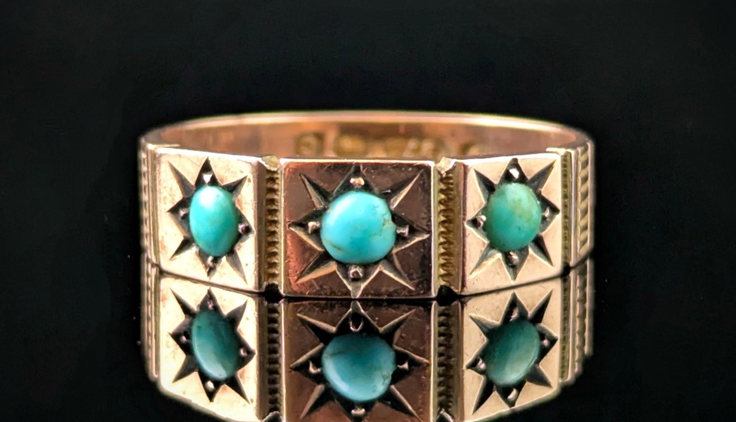 Antique 9ct Rose gold Turquoise gypsy set ring, Victorian