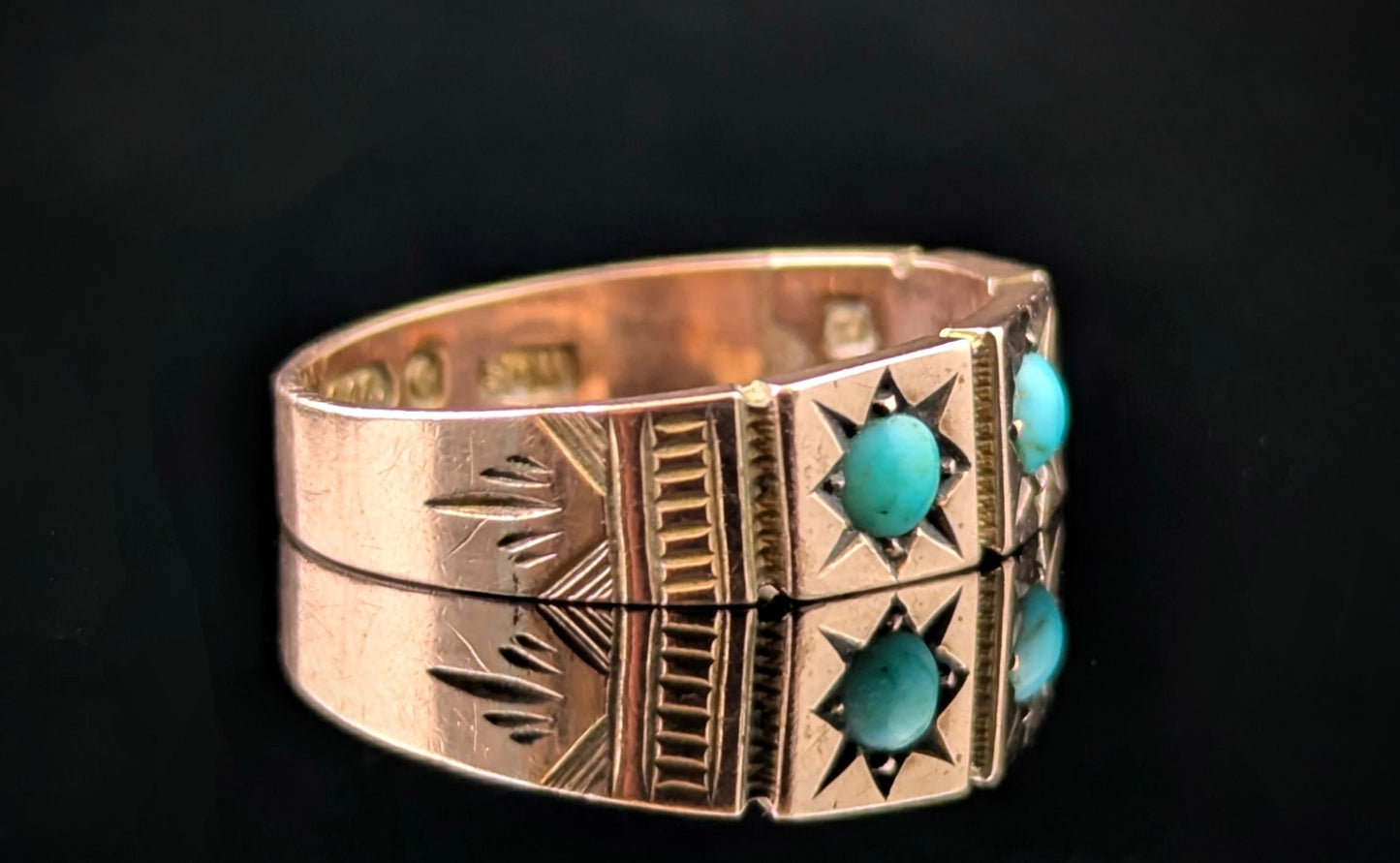 Antique 9ct Rose gold Turquoise gypsy set ring, Victorian