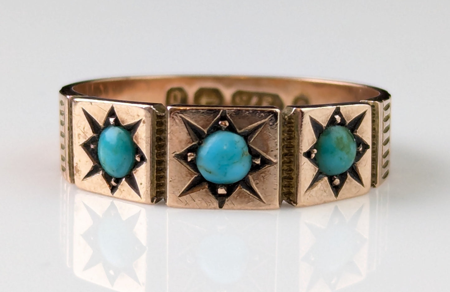 Antique 9ct Rose gold Turquoise gypsy set ring, Victorian