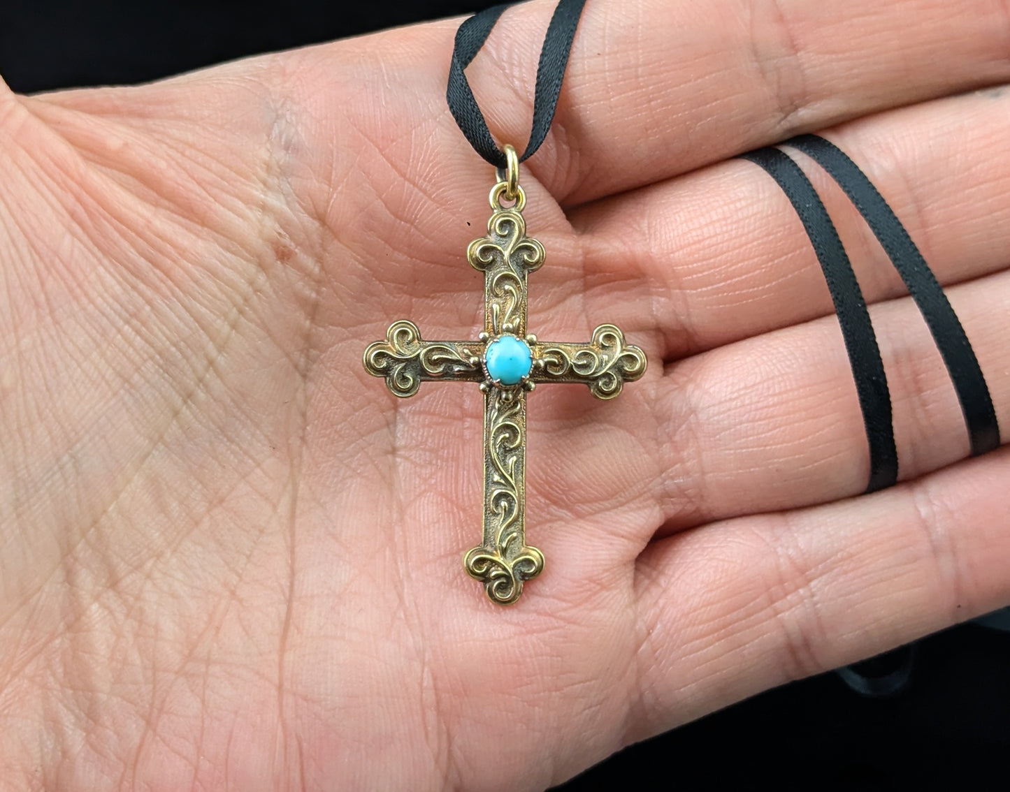 Antique 18ct gold cross pendant, Turquoise, Victorian, Mourning