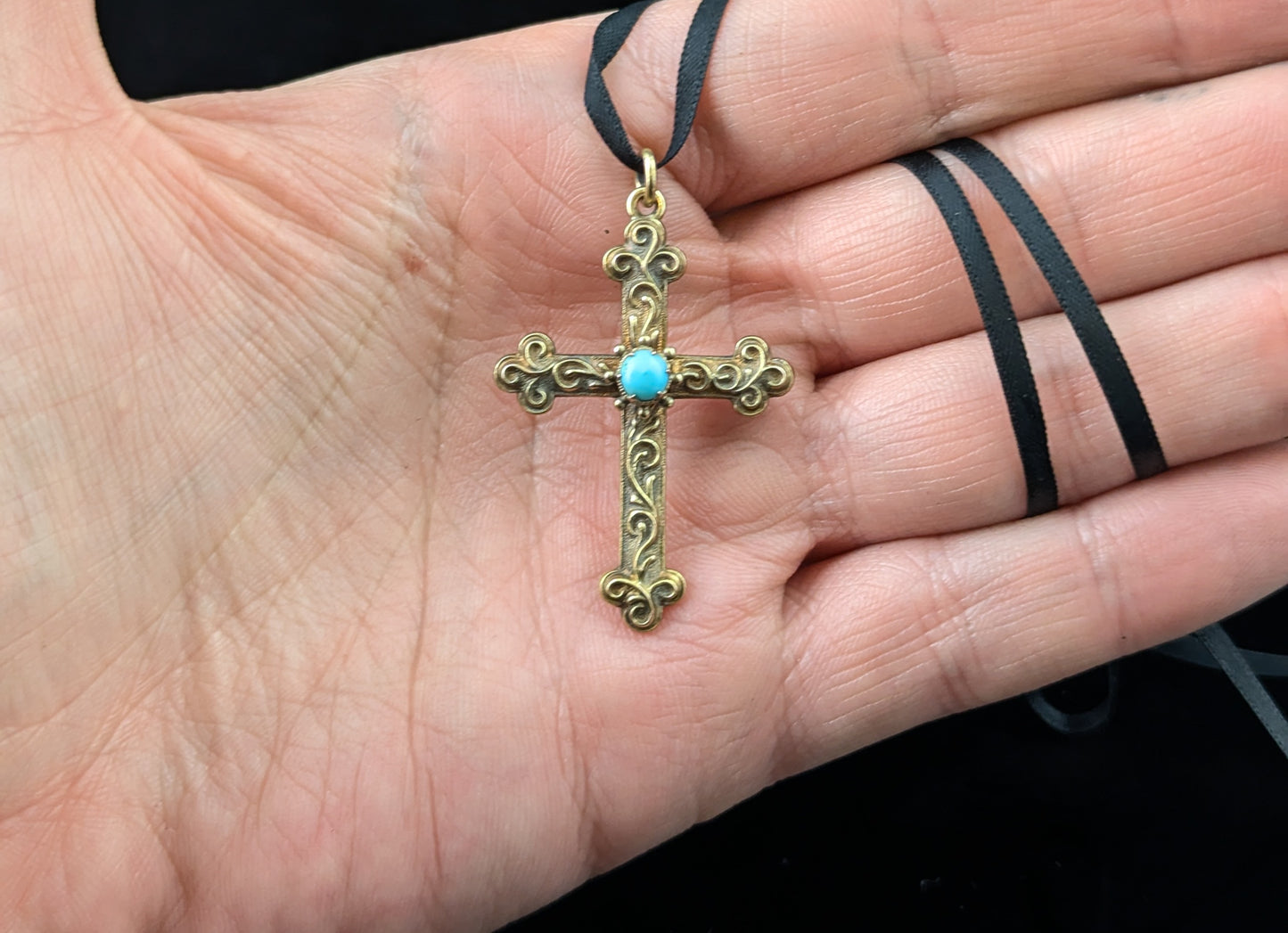 Antique 18ct gold cross pendant, Turquoise, Victorian, Mourning