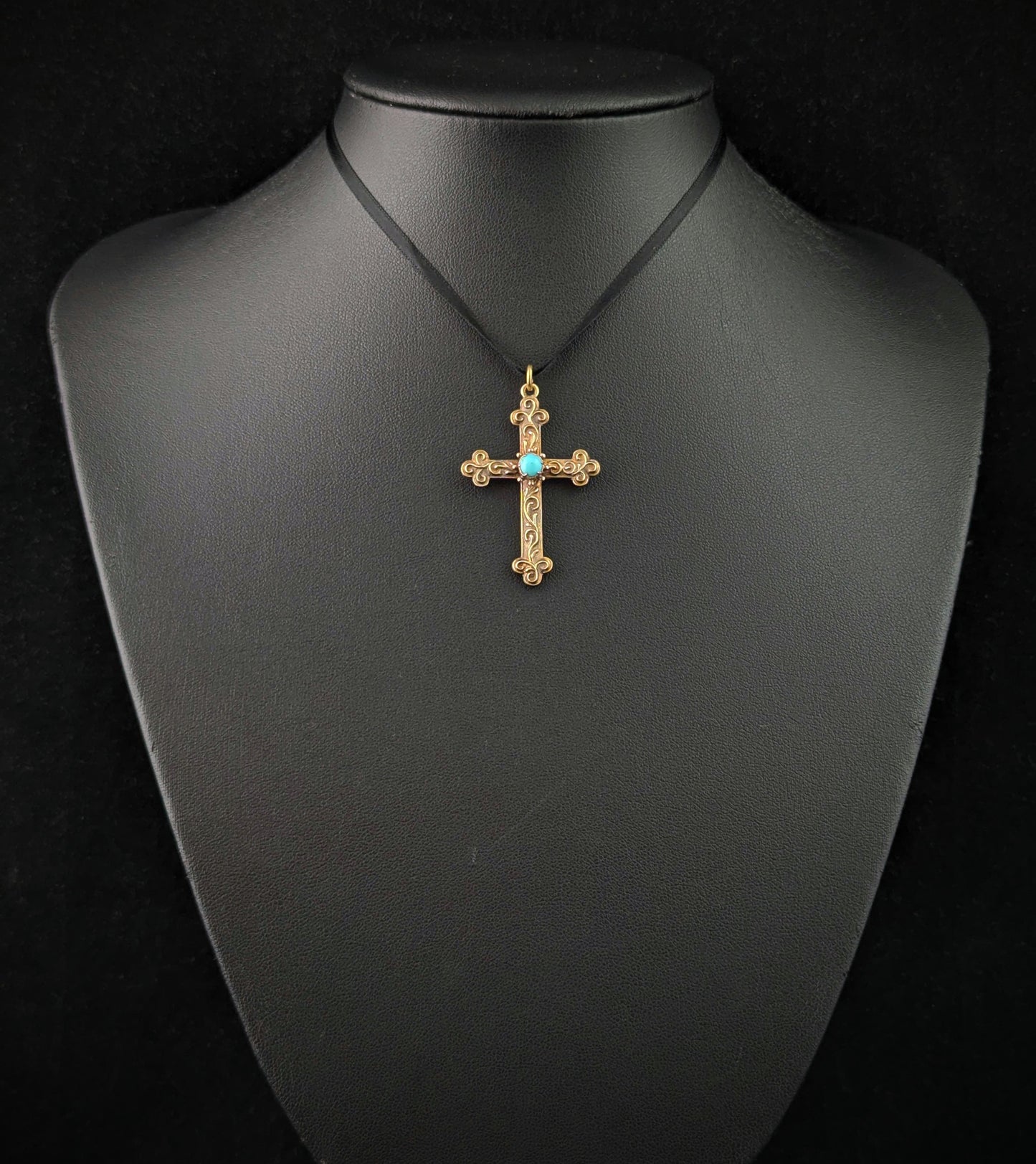 Antique 18ct gold cross pendant, Turquoise, Victorian, Mourning