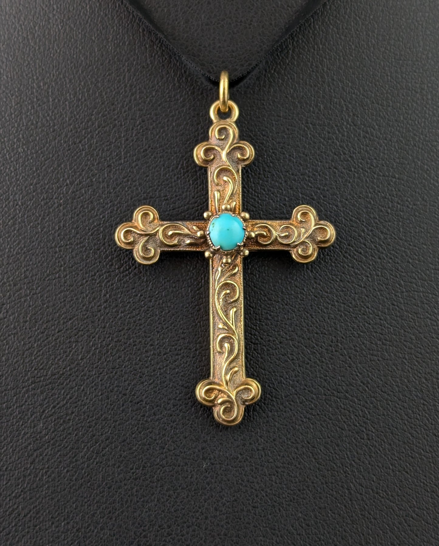 Antique 18ct gold cross pendant, Turquoise, Victorian, Mourning