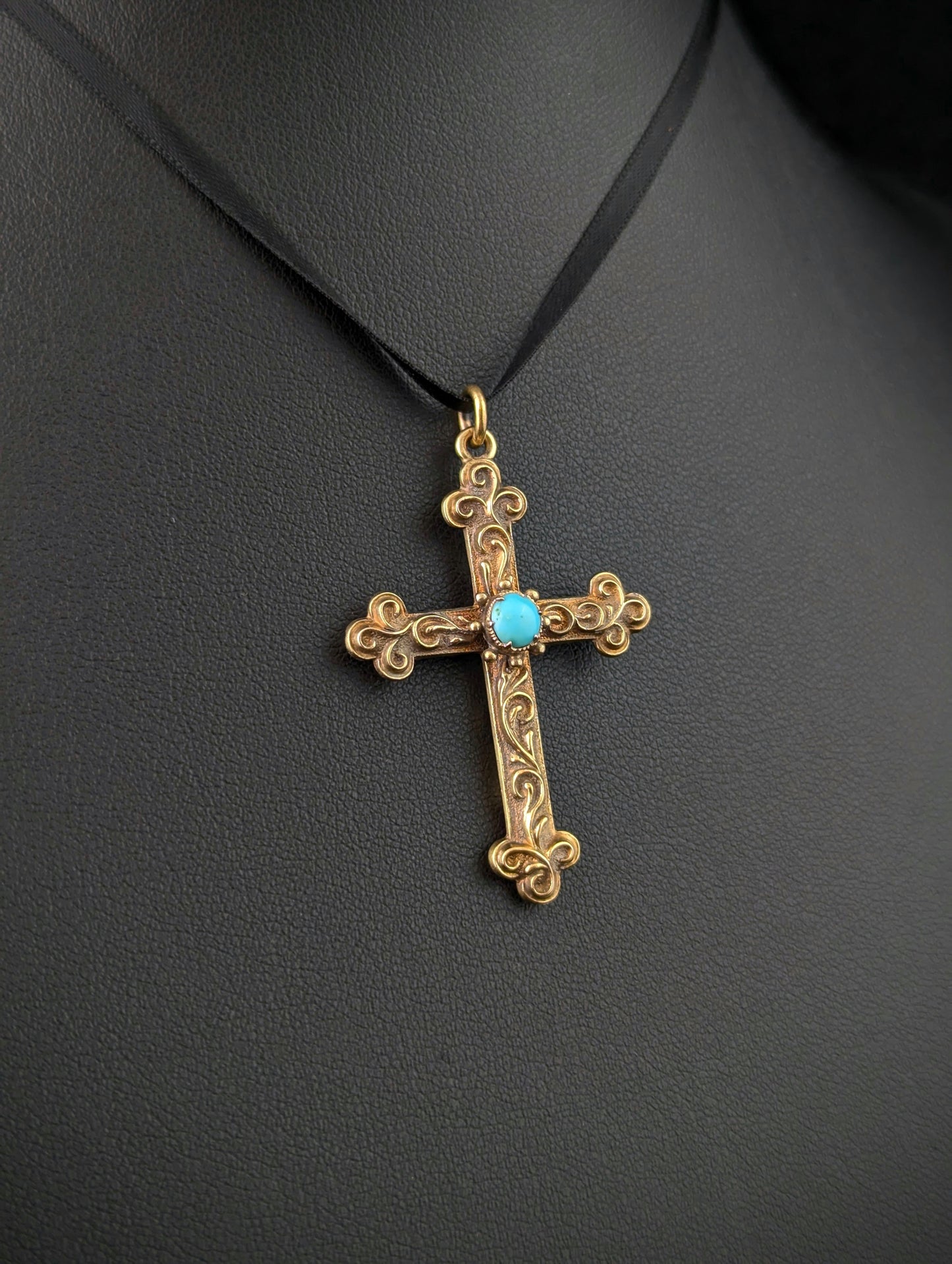 Antique 18ct gold cross pendant, Turquoise, Victorian, Mourning