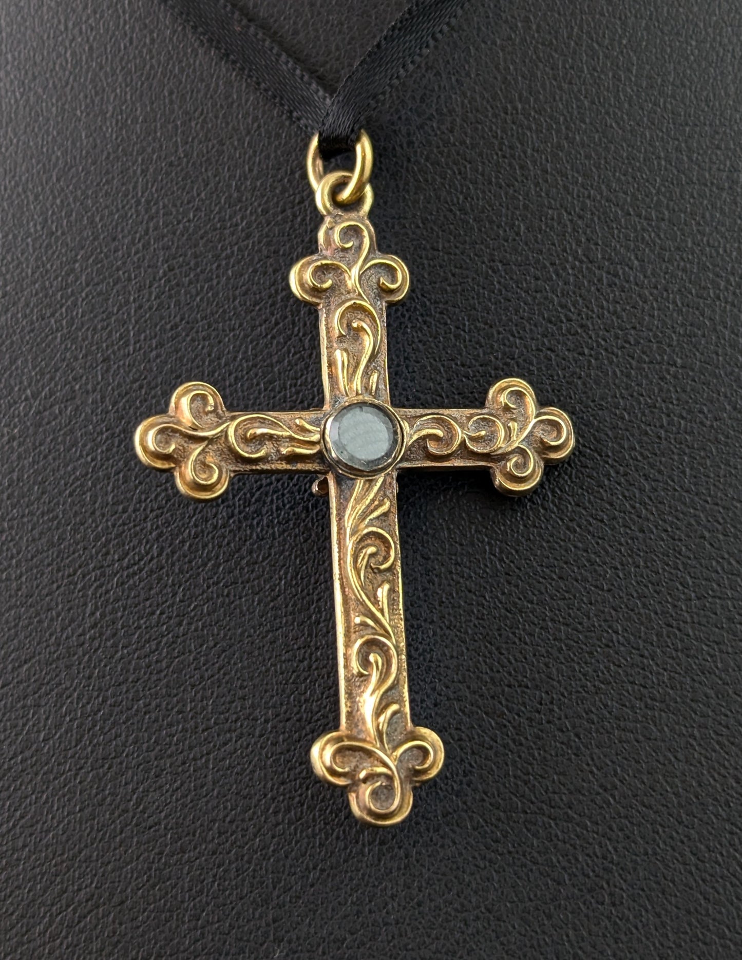 Antique 18ct gold cross pendant, Turquoise, Victorian, Mourning