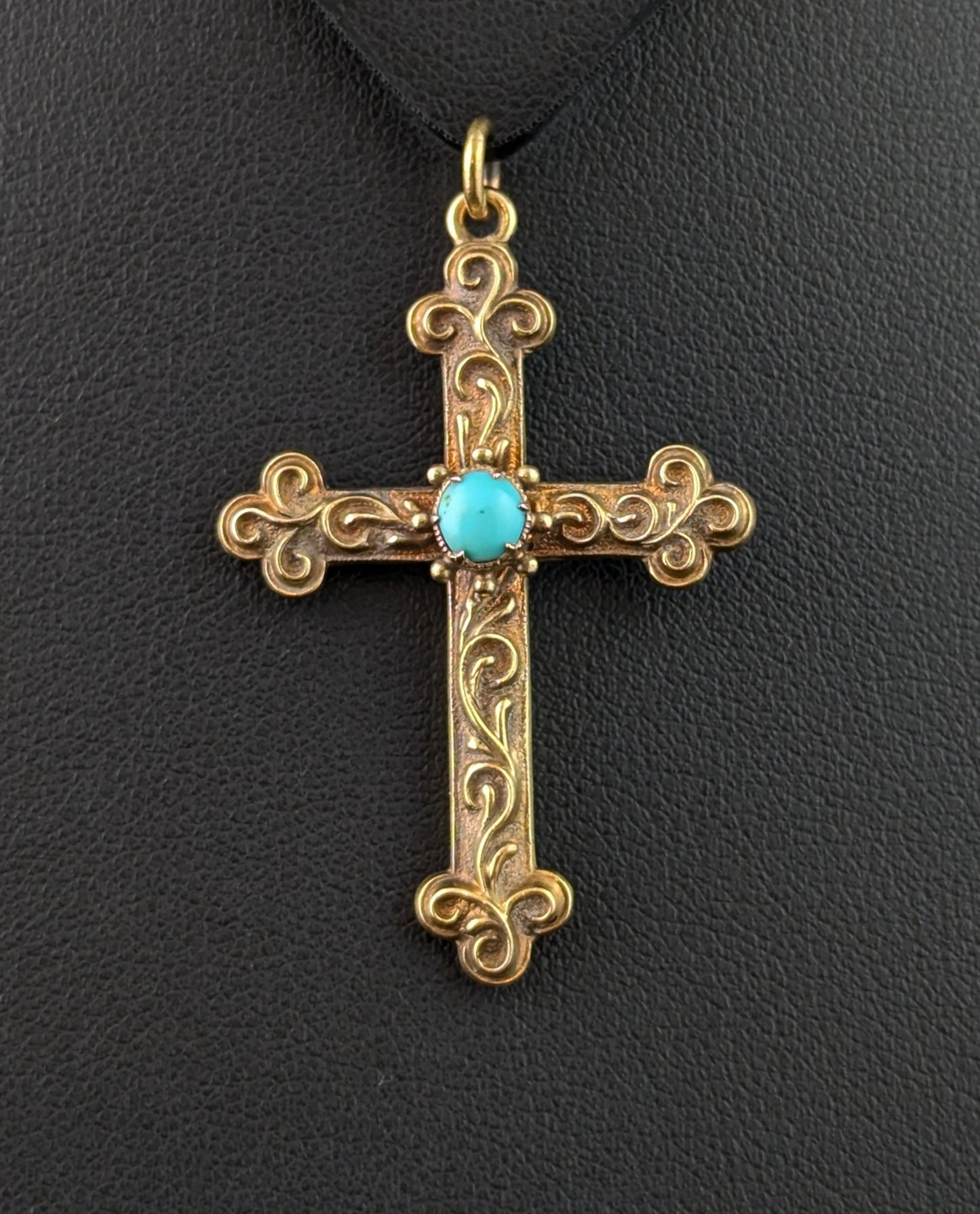 Antique 18ct gold cross pendant, Turquoise, Victorian, Mourning