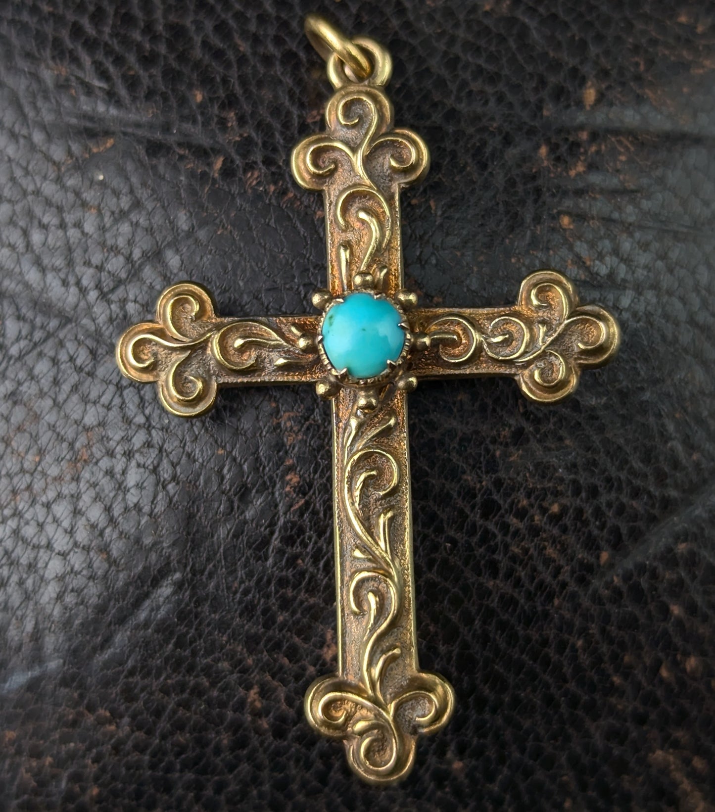 Antique 18ct gold cross pendant, Turquoise, Victorian, Mourning