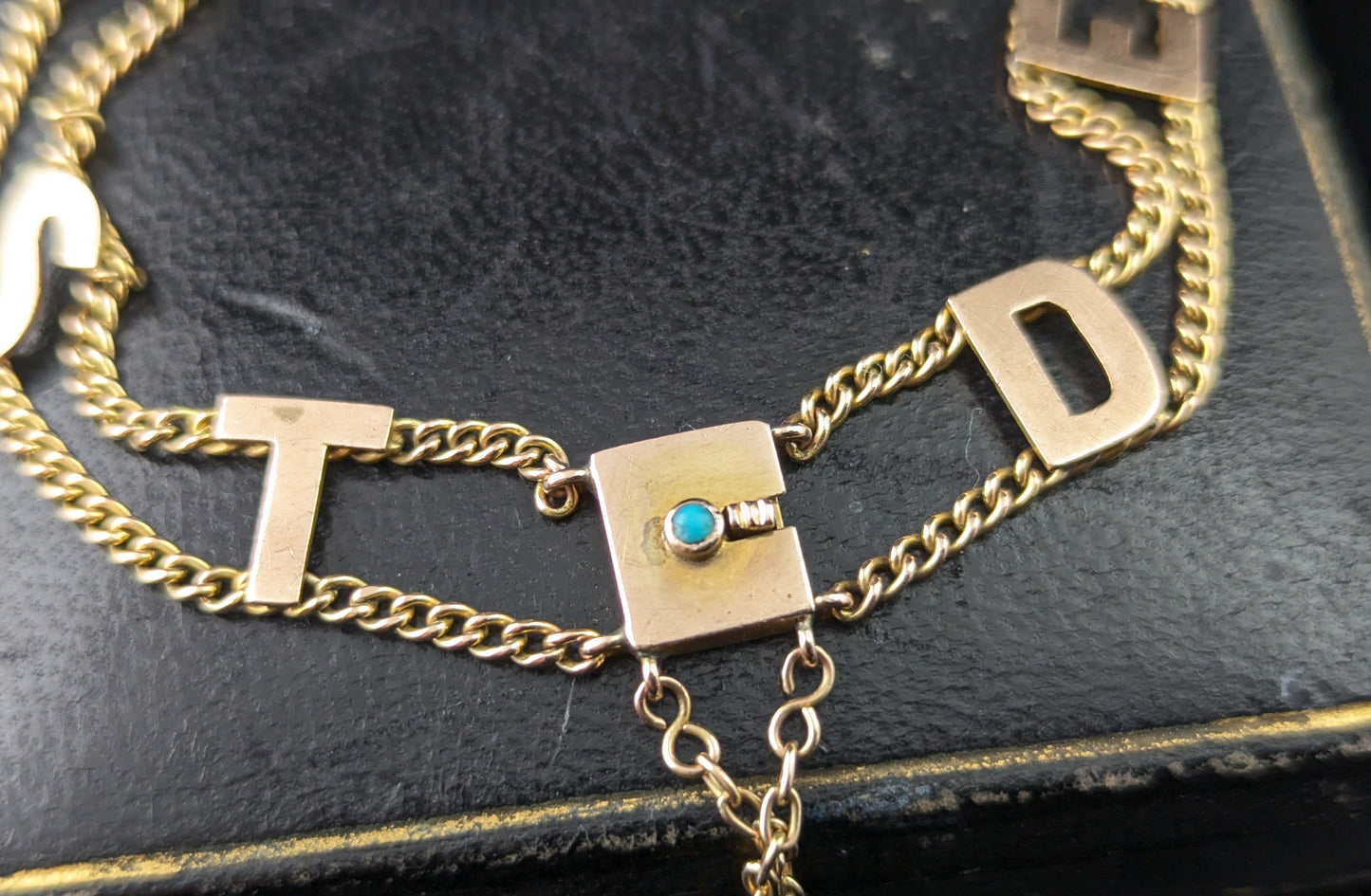 Antique 9ct gold Dearest bracelet, Turquoise clasp