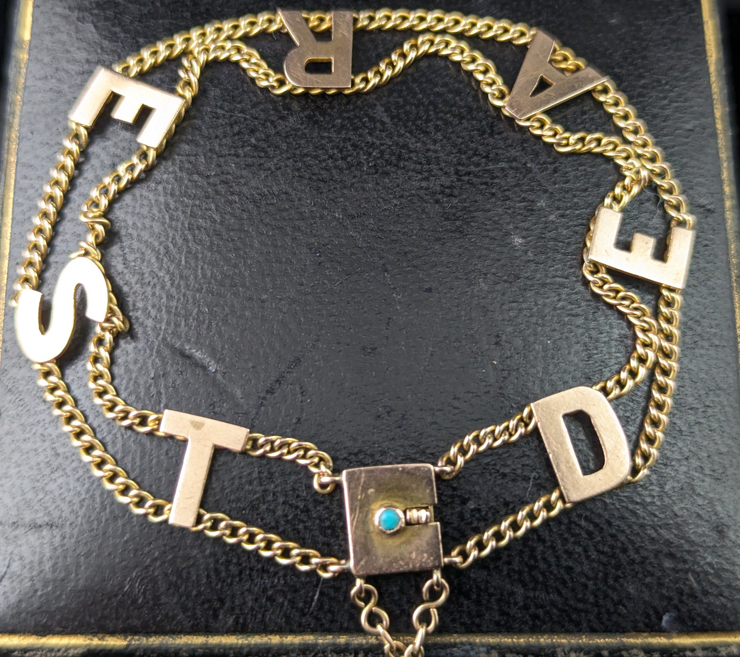 Antique 9ct gold Dearest bracelet, Turquoise clasp