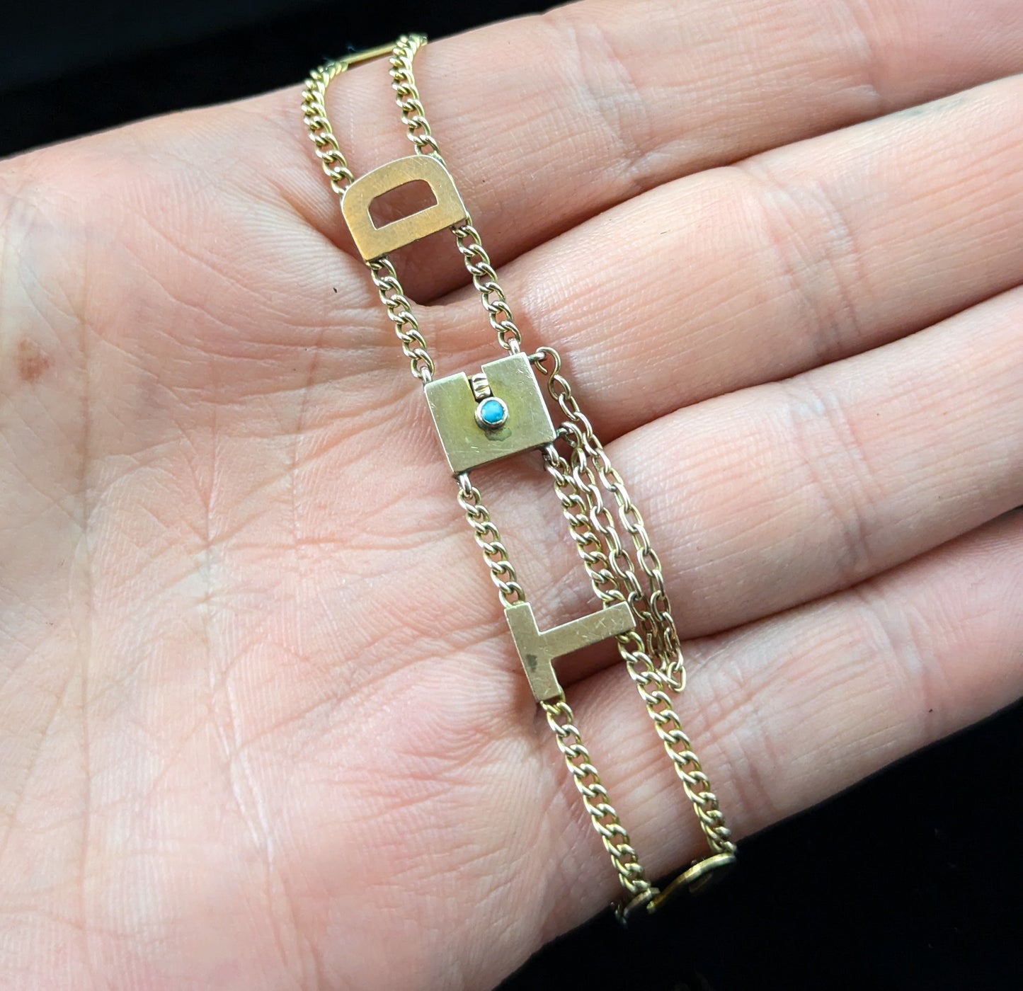 Antique 9ct gold Dearest bracelet, Turquoise clasp