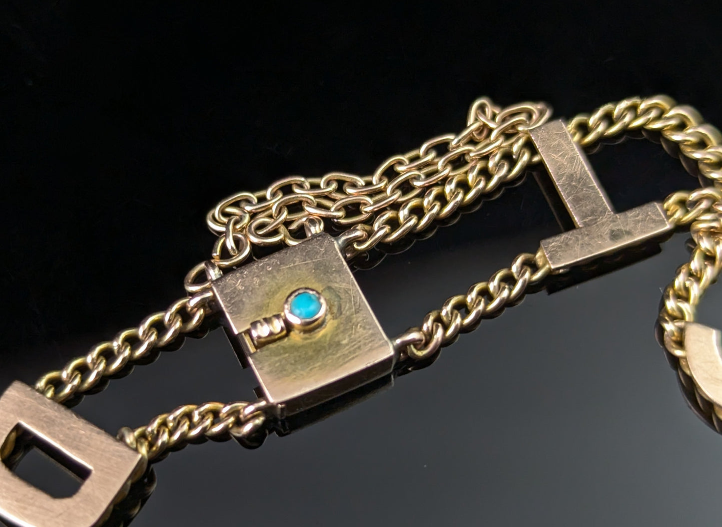 Antique 9ct gold Dearest bracelet, Turquoise clasp