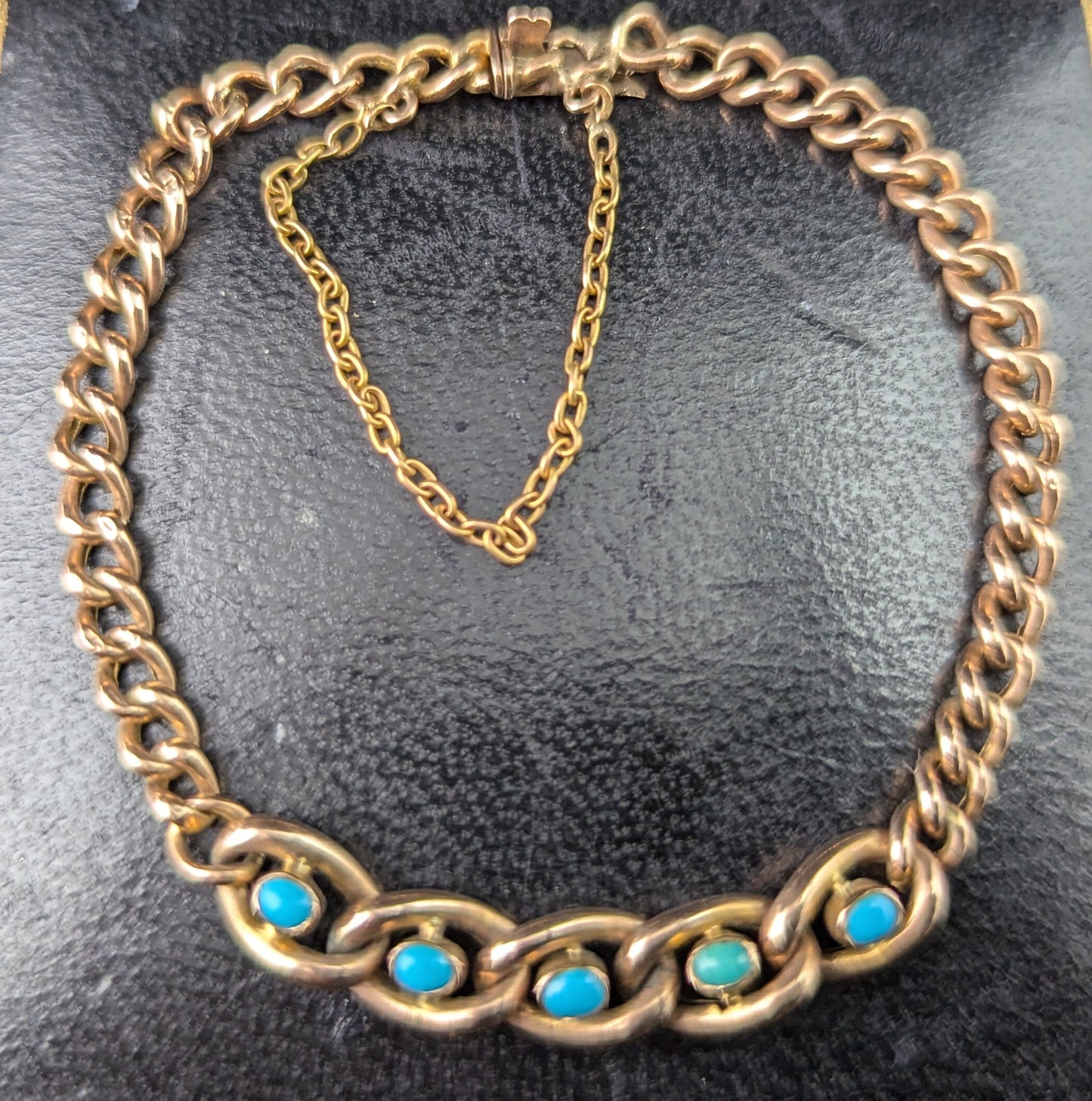 Antique 9ct Rose gold curb bracelet, Turquoise, Edwardian