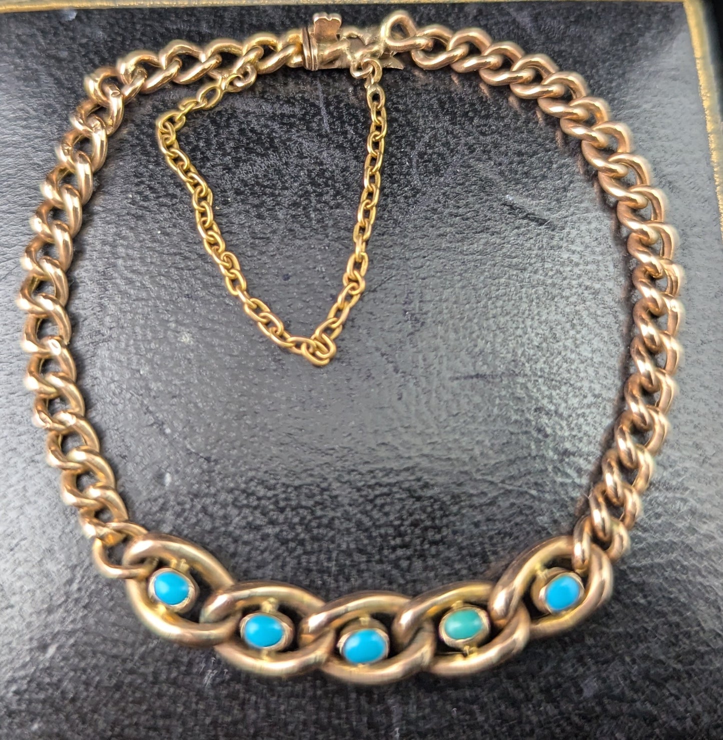 Antique 9ct Rose gold curb bracelet, Turquoise, Edwardian