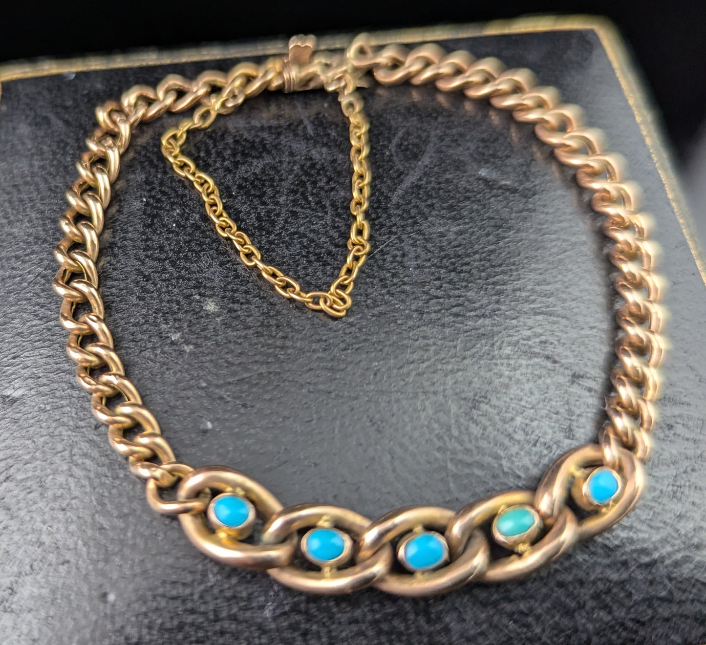 Antique 9ct Rose gold curb bracelet, Turquoise, Edwardian