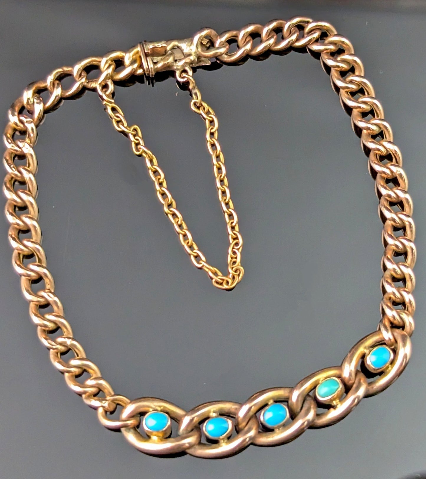 Antique 9ct Rose gold curb bracelet, Turquoise, Edwardian