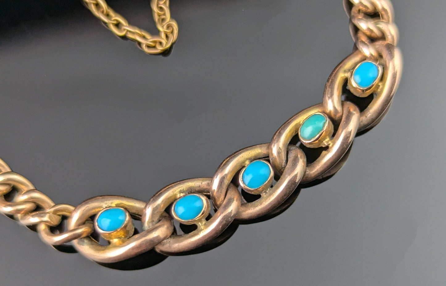 Antique 9ct Rose gold curb bracelet, Turquoise, Edwardian