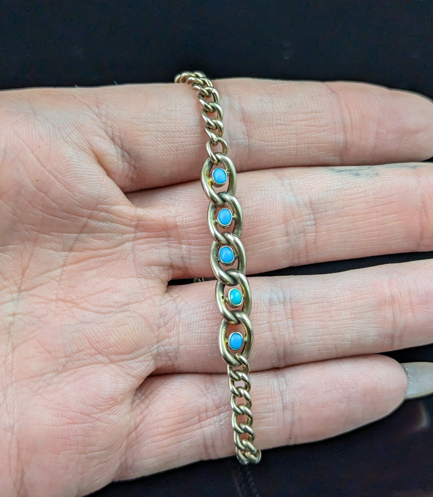 Antique 9ct Rose gold curb bracelet, Turquoise, Edwardian