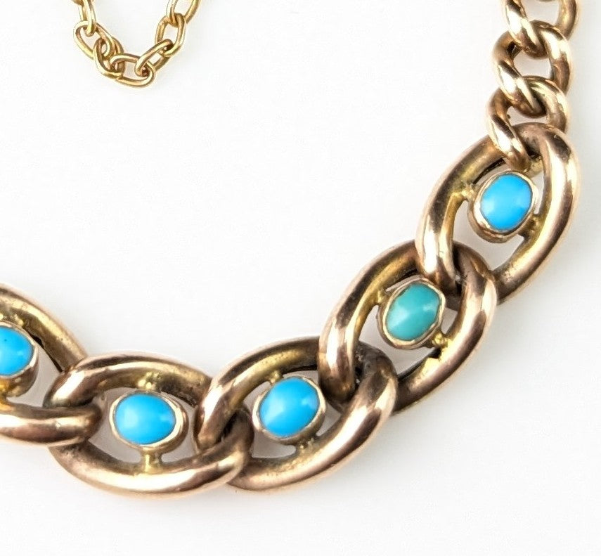 Antique 9ct Rose gold curb bracelet, Turquoise, Edwardian