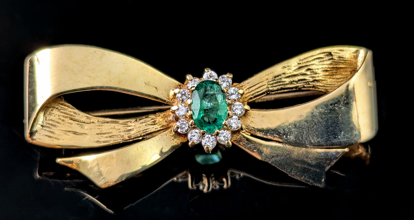 Vintage 9ct gold Emerald and Diamond bow brooch