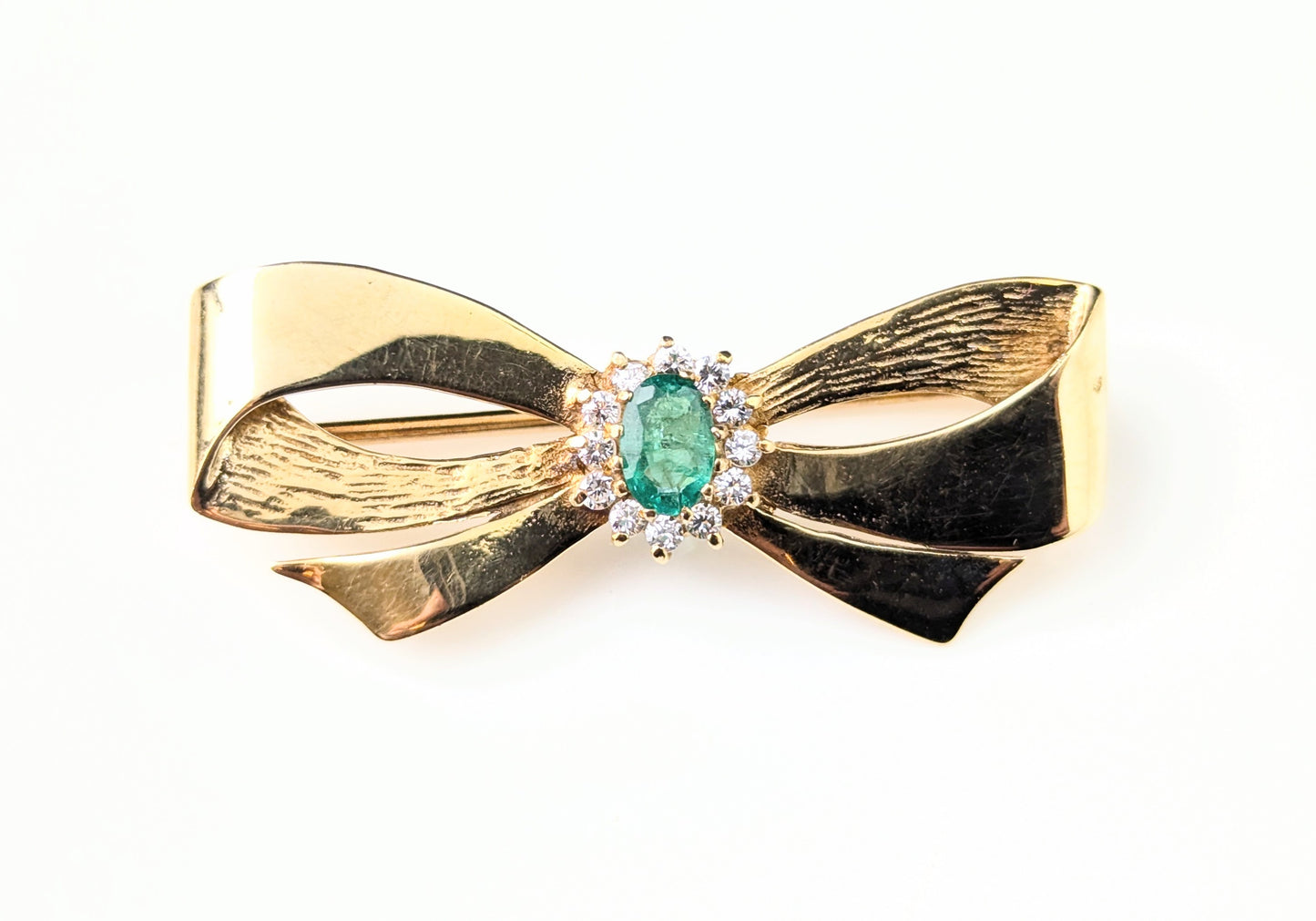 Vintage 9ct gold Emerald and Diamond bow brooch