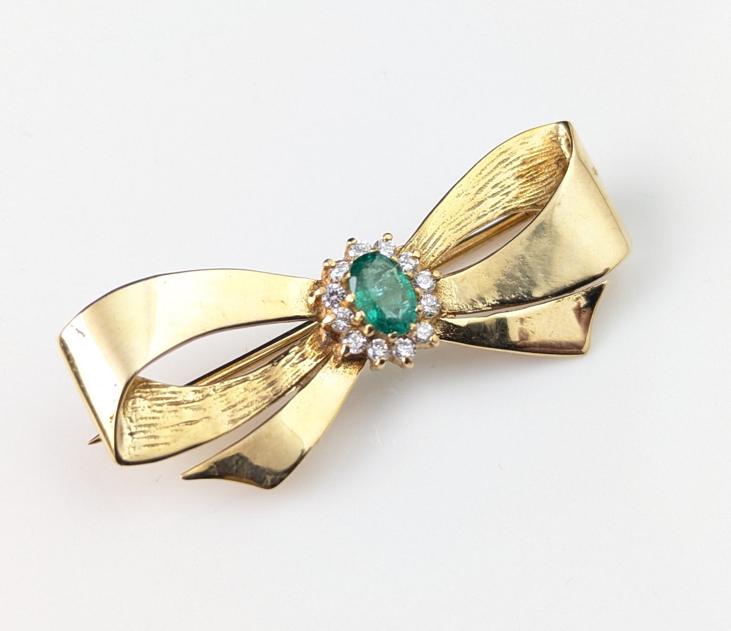 Vintage 9ct gold Emerald and Diamond bow brooch