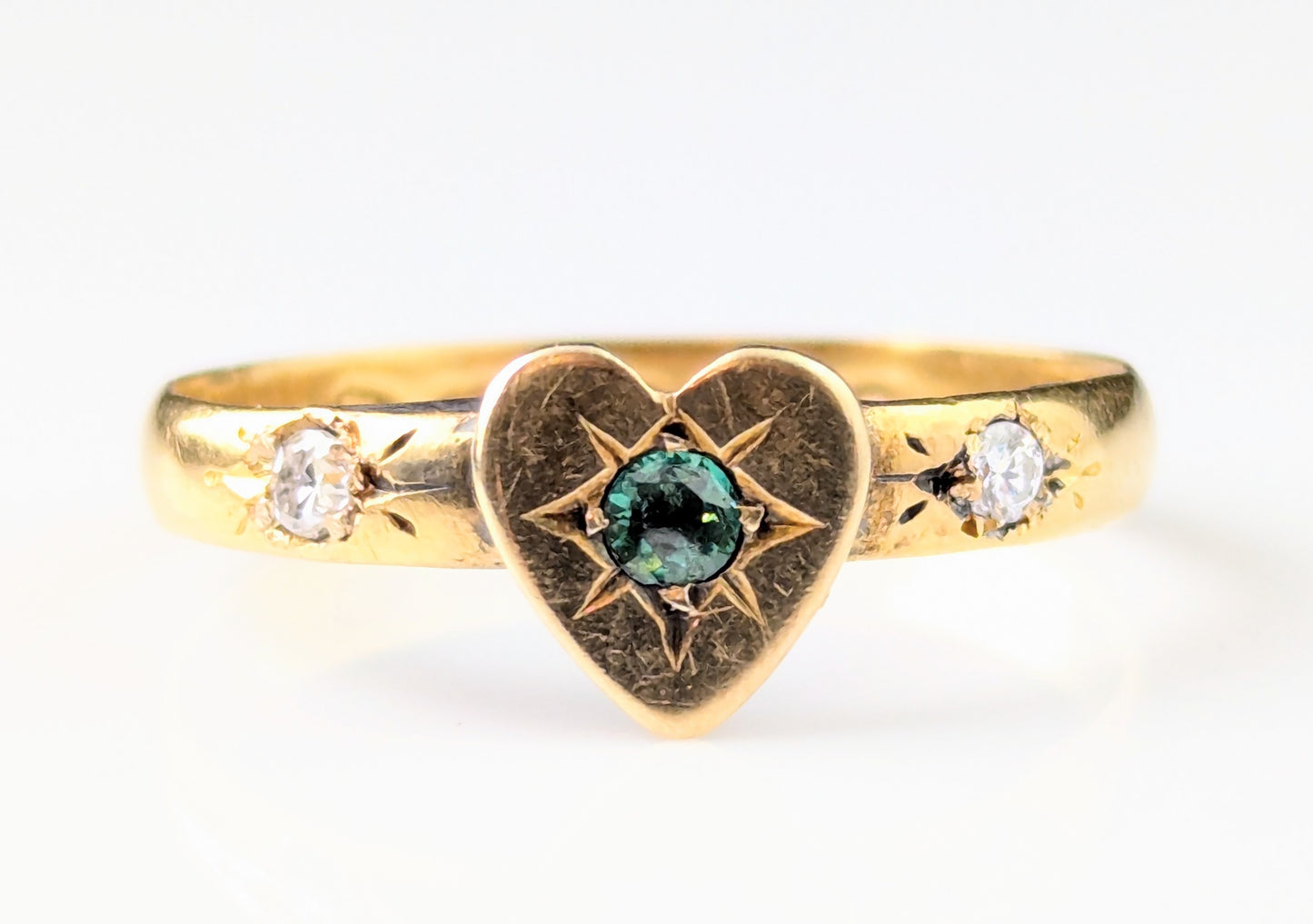 Antique Emerald and Diamond heart ring, 22ct gold, Victorian