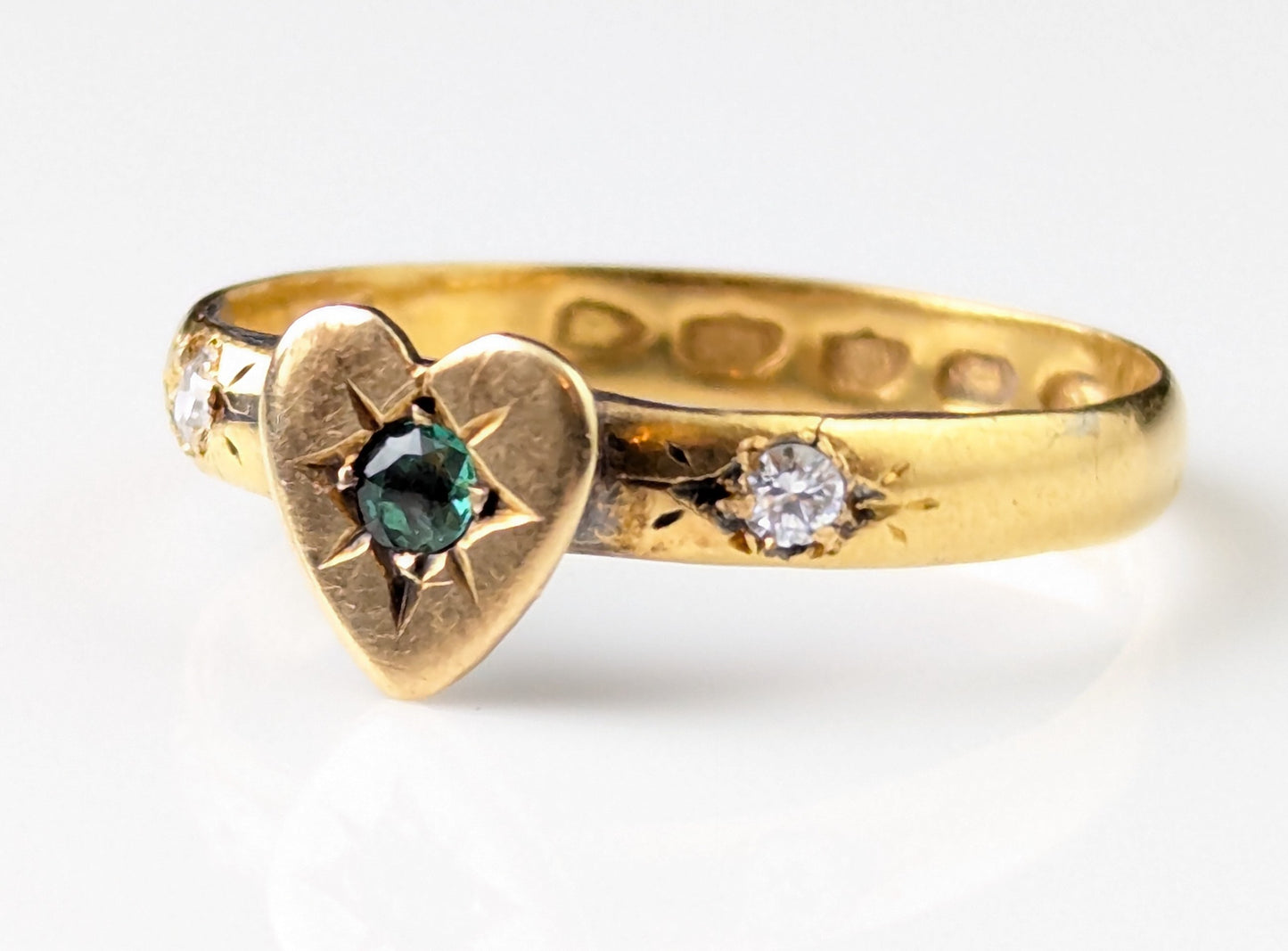 Antique Emerald and Diamond heart ring, 22ct gold, Victorian