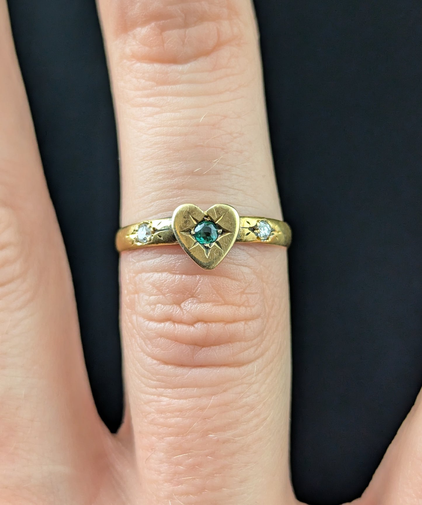 Antique Emerald and Diamond heart ring, 22ct gold, Victorian