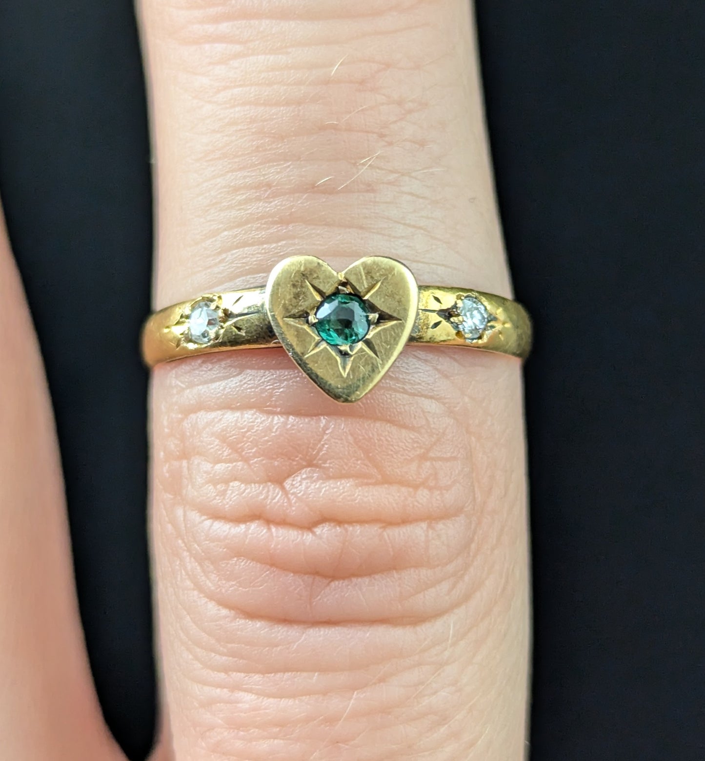 Antique Emerald and Diamond heart ring, 22ct gold, Victorian