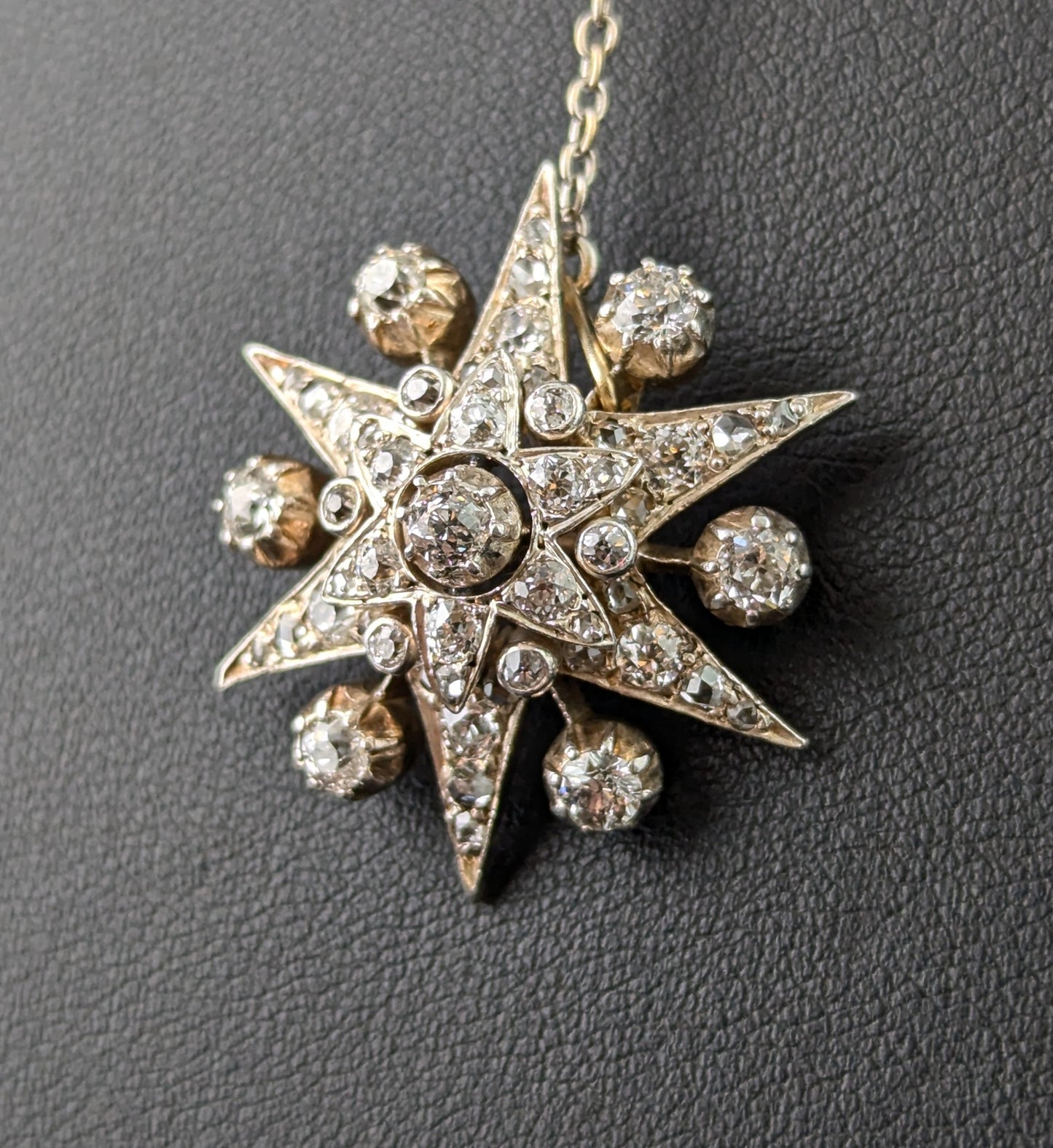 Antique Diamond Star brooch, sterling silver on gold, Victorian