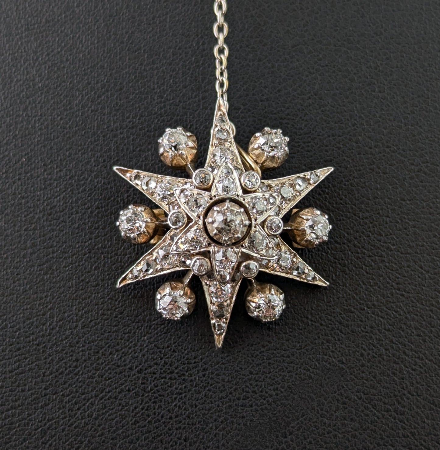 Antique Diamond Star brooch, sterling silver on gold, Victorian