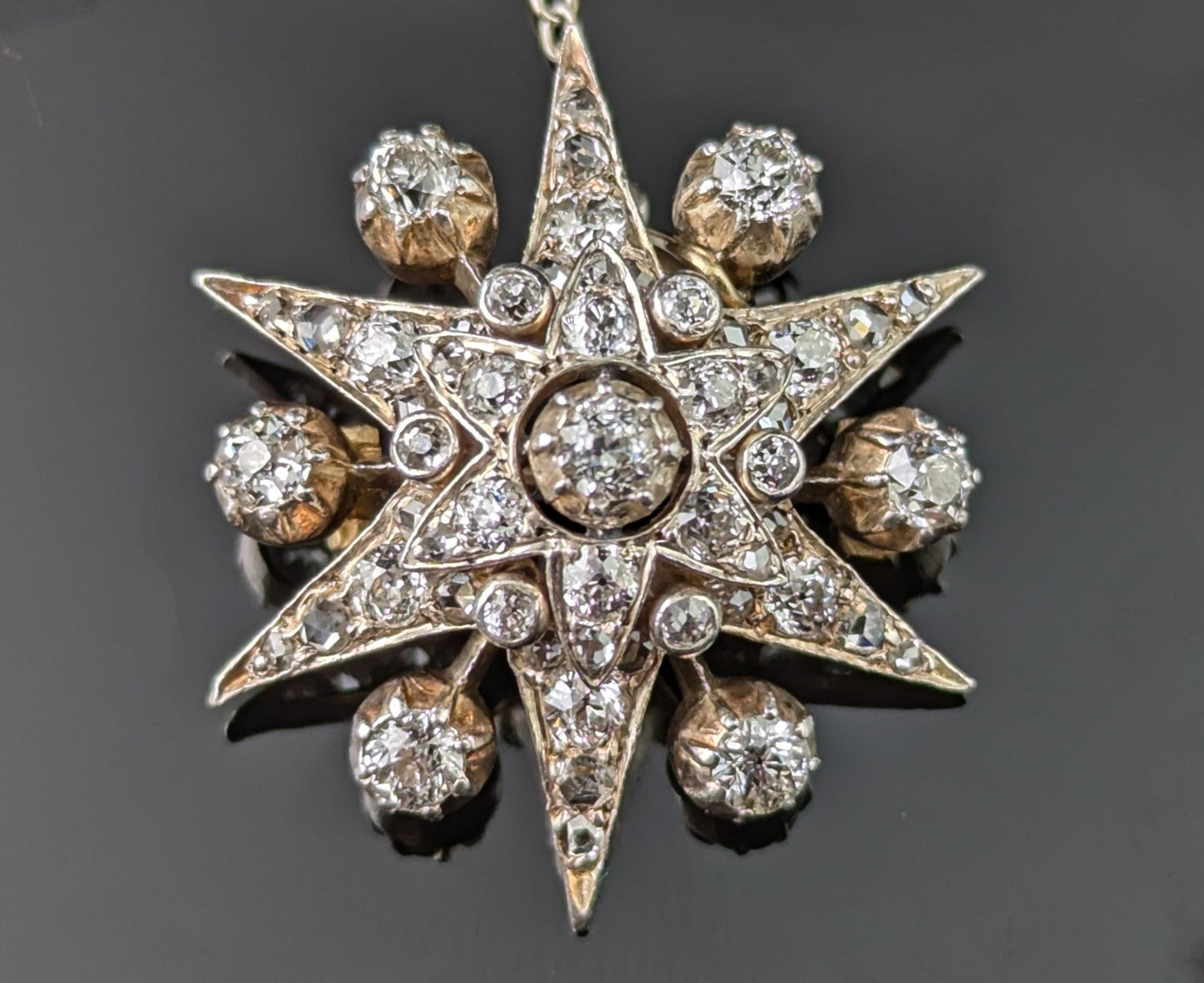 Antique Diamond Star brooch, sterling silver on gold, Victorian