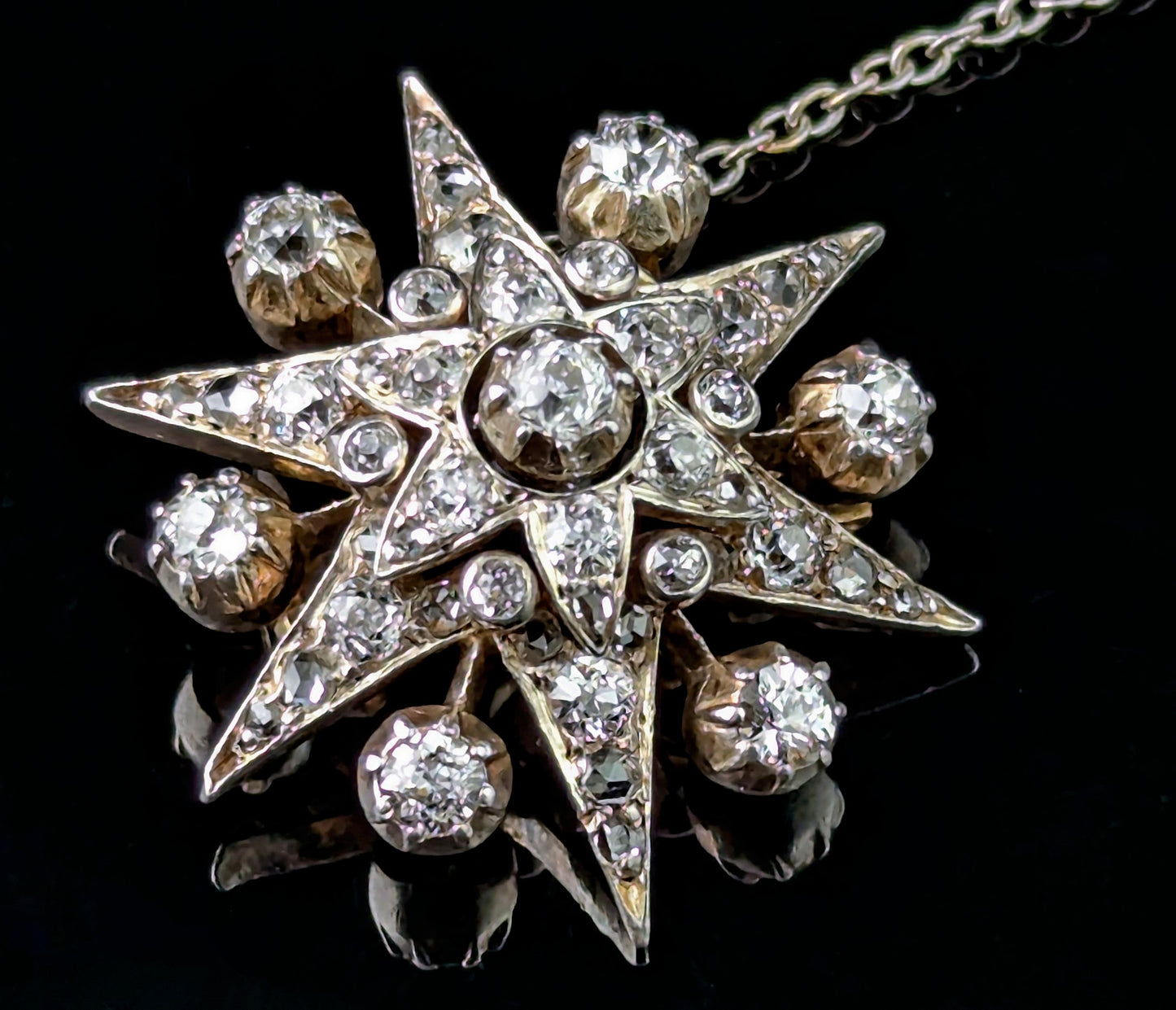 Antique Diamond Star brooch, sterling silver on gold, Victorian