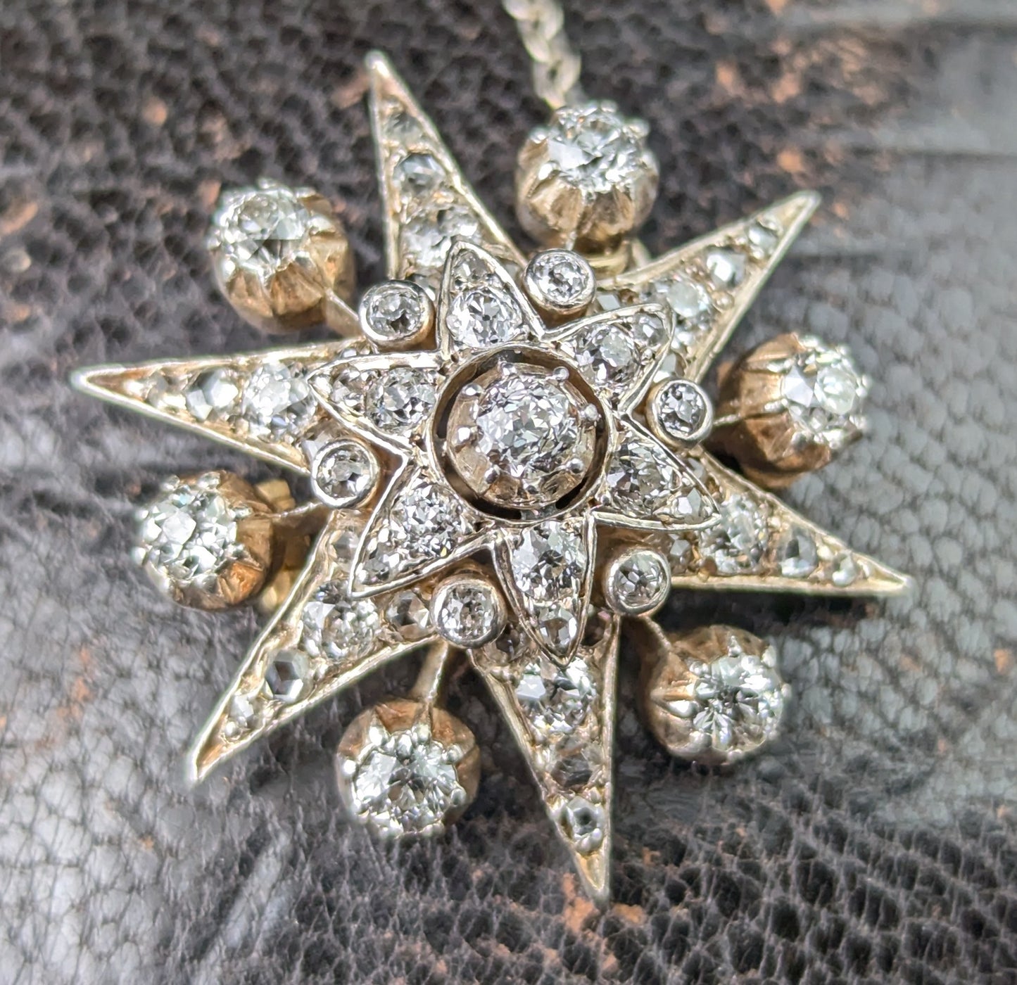 Antique Diamond Star brooch, sterling silver on gold, Victorian