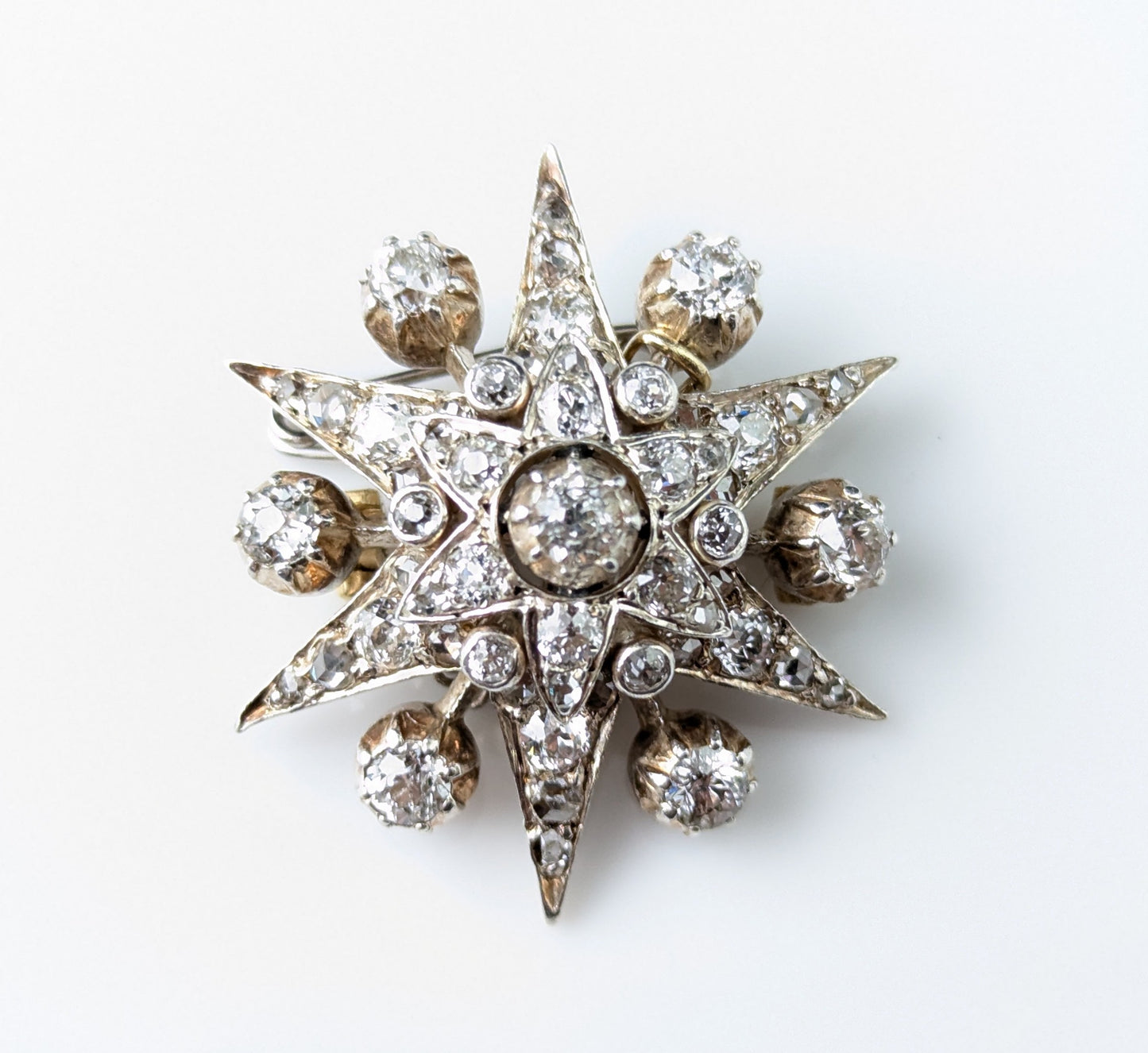 Antique Diamond Star brooch, sterling silver on gold, Victorian