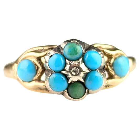 Antique Victorian Turquoise cluster ring, 18ct gold, flower