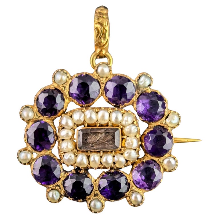 Antique Georgian mourning pendant brooch, 18ct gold, Amethyst and Pearl