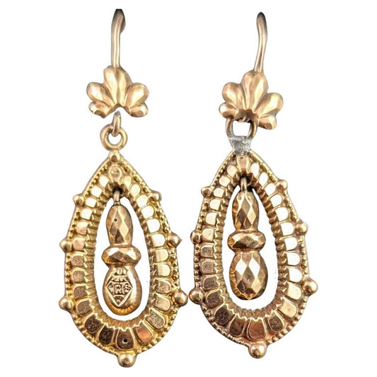 Antique Victorian 9ct gold drop earrings, dangle