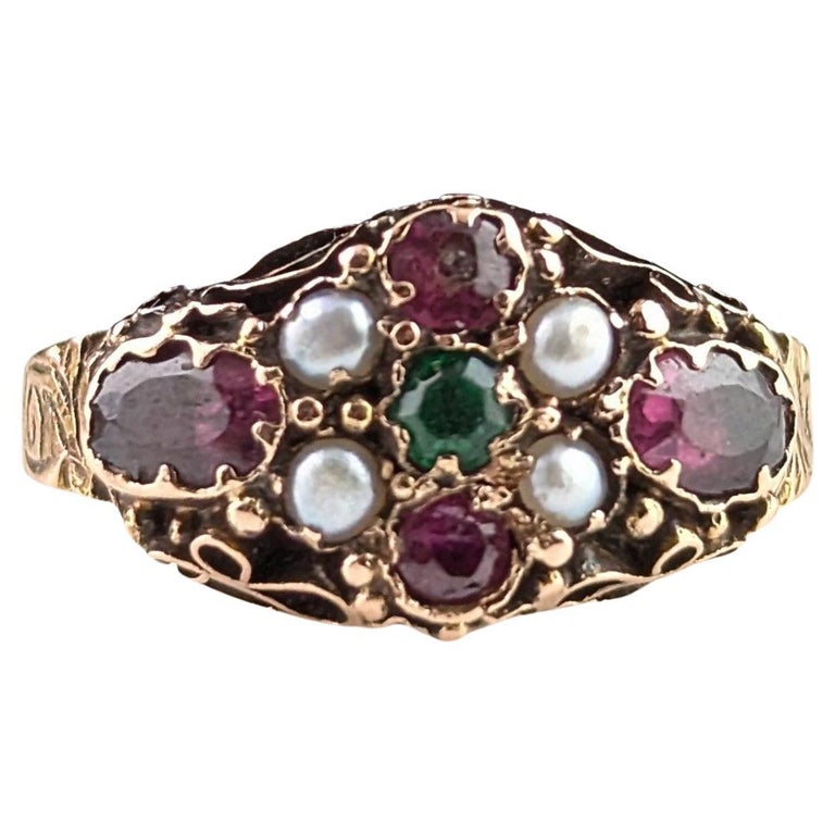 Antique Garnet, Pearl and Green paste ring, 15ct gold, Victorian