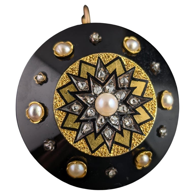 Antique Diamond star pendant brooch, 15ct gold, Onyx and black enamel