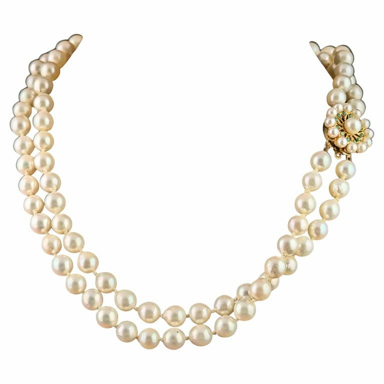 Vintage Double row Cultured Pearl necklace, 9k yellow gold and Turquoise clasp