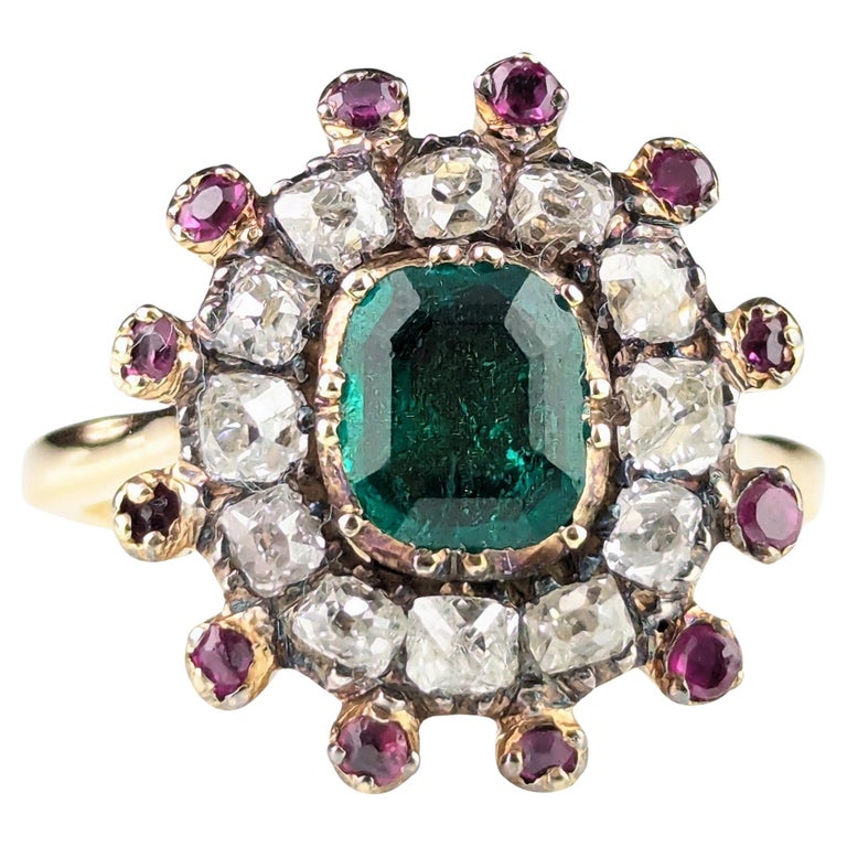 Antique Georgian Emerald, Diamond and Ruby cluster ring, 18ct yellow gold