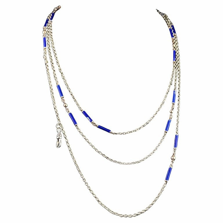 Antique silver long chain necklace, longuard chain, Blue enamel