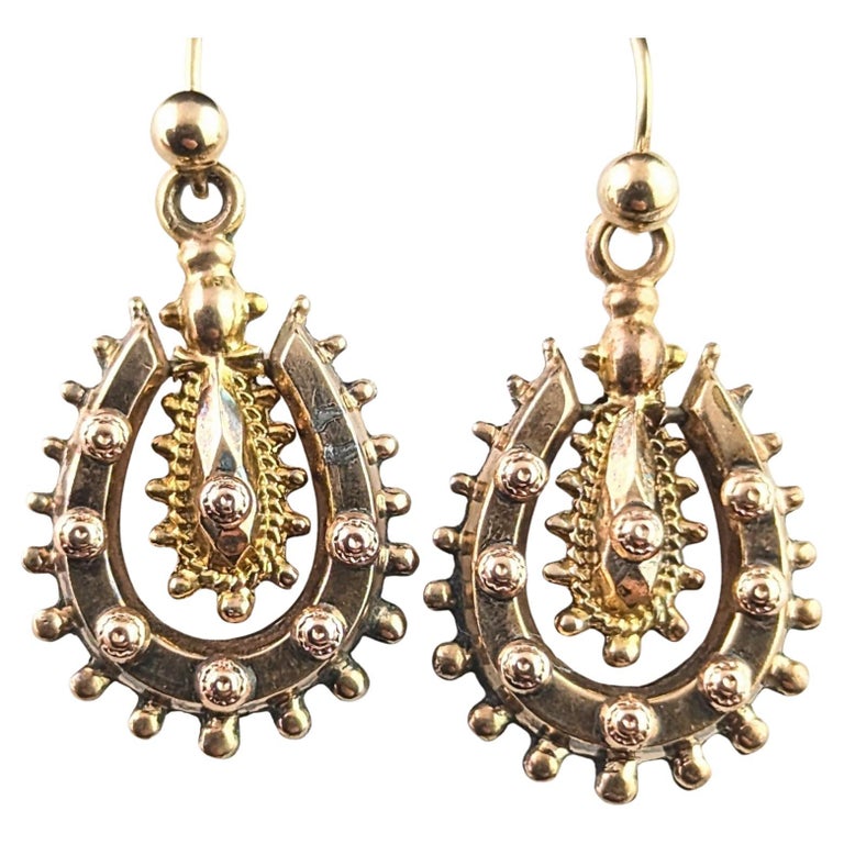 Antique Victorian 9ct gold lucky horseshoe earrings, Etruscan revival