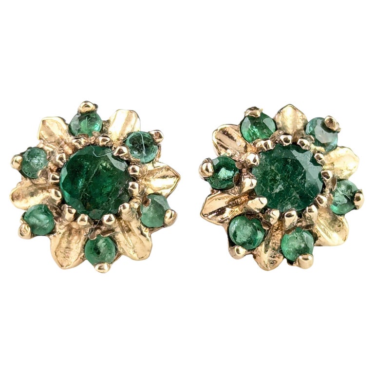 Vintage Emerald floral stud earrings, 9ct yellow gold