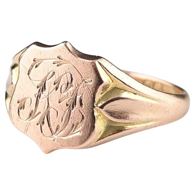 Antique 9ct rose gold signet ring, Shield shaped, Monogrammed