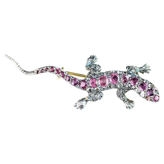 Antique Diamond and Pink sapphire lizard brooch, 9ct gold and Silver