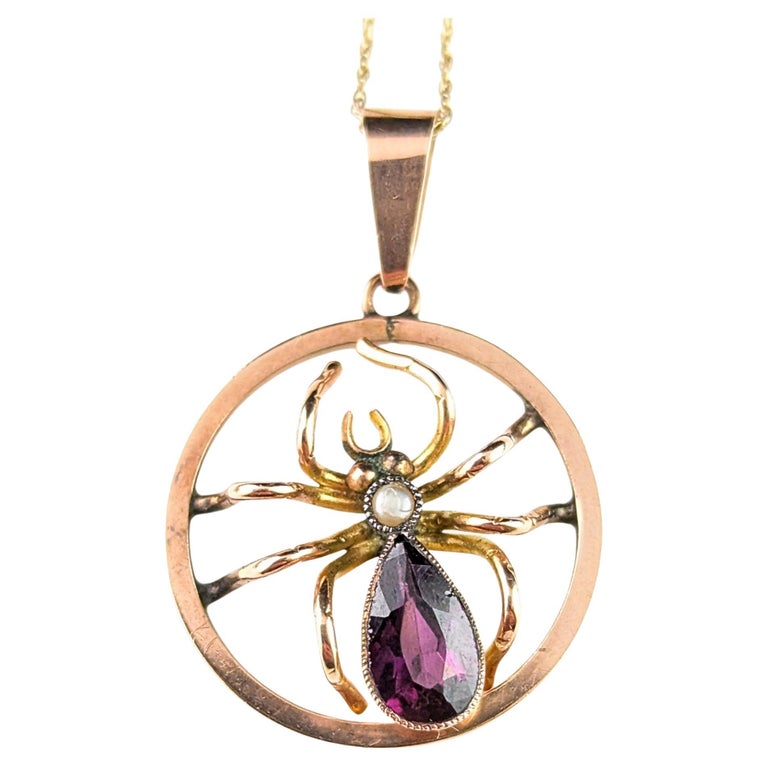 Antique Spider pendant necklace, Amethyst and Pearl, 9ct gold