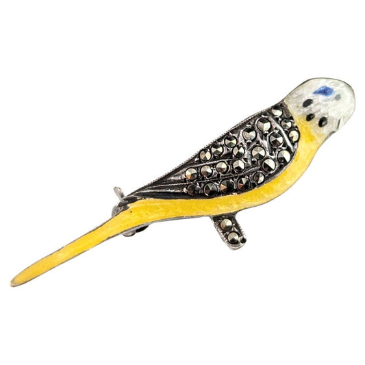 Vintage budgie brooch, Sterling silver, Enamel and Marcasite